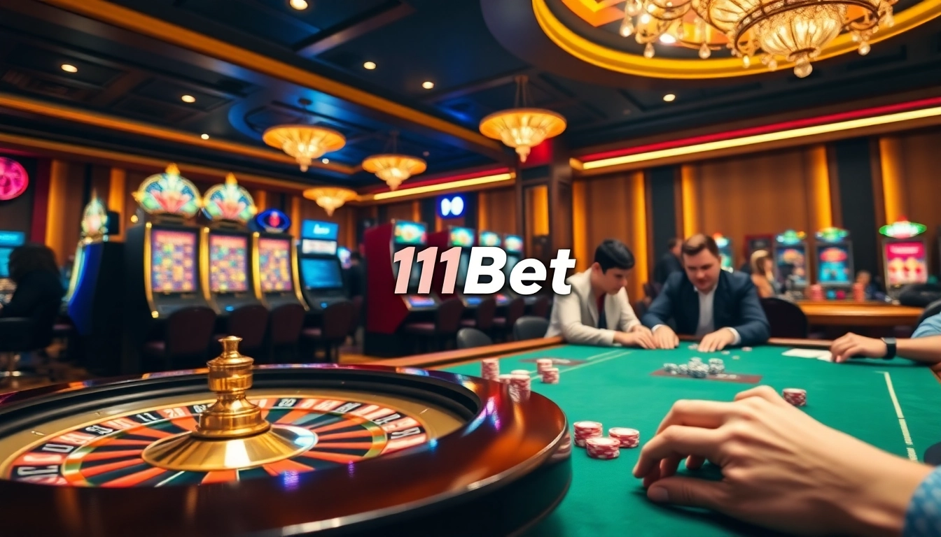 Experience the thrill of gambling at 11Bet with an elegant casino scene, featuring roulette and poker.