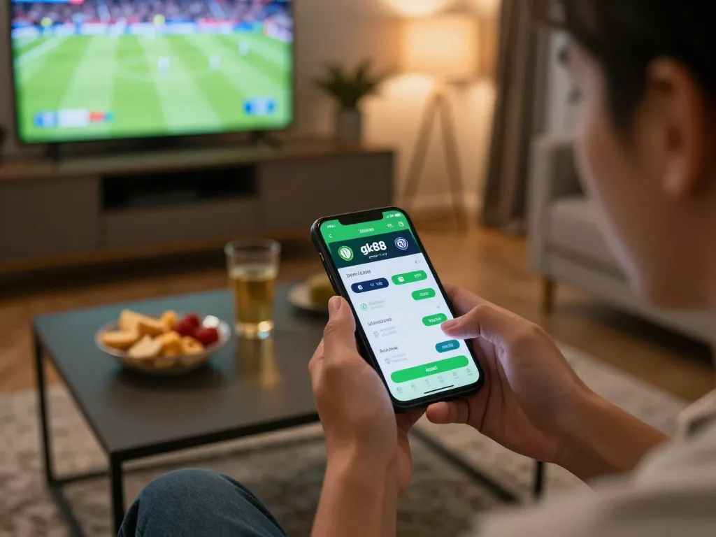 Placing bets using the gk88 app on a smartphone, enhancing sports betting excitement.