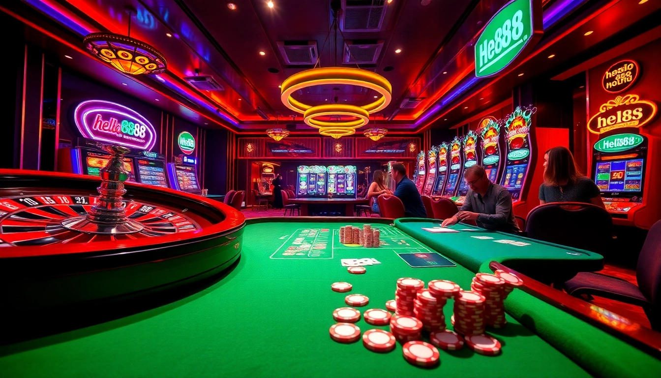 Players enjoying an exciting game at hello88 casino with vibrant roulette wheels and colorful poker chips.