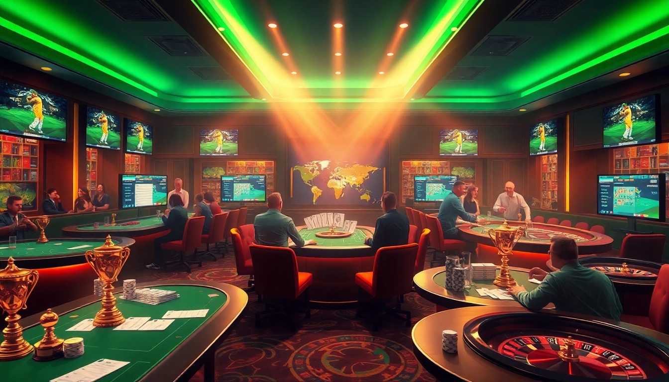 Exciting betting scene illustrating Crickex online gambling with cricket-themed elements and vibrant casino excitement.