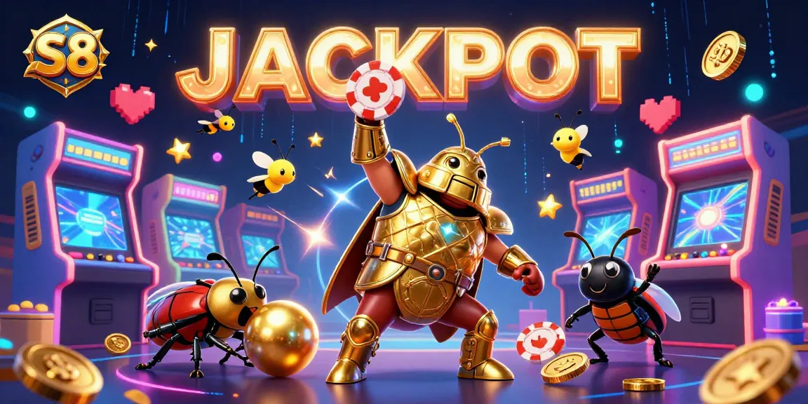 Join the S8 adventure with a victorious beetle and jackpot fireflies in this vibrant casino scene