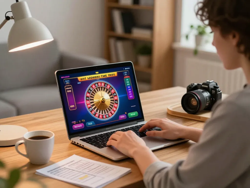 Engaging in online gambling at BL555, showing a colorful roulette interface on a laptop.