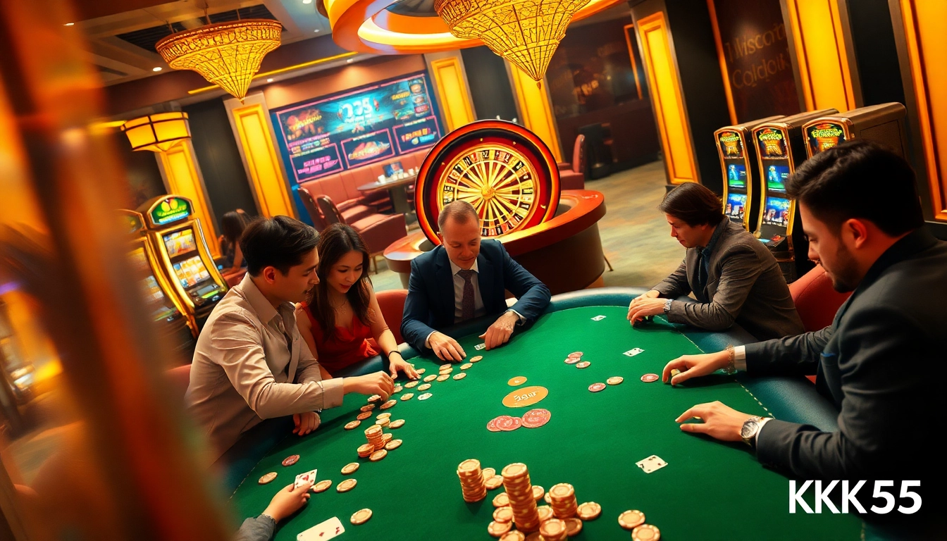 Players enjoy the thrill of gambling at KK55's luxurious casino with dynamic gaming tables and slot machines.