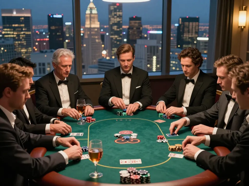 Max88net players engaged in strategic poker night while enjoying a stunning skyline view