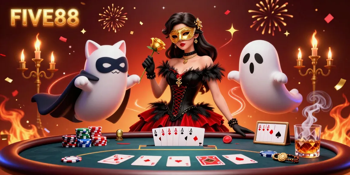 Experience the thrill at FIVE88 with a stunning woman and her phantom cat in a vibrant casino scene.