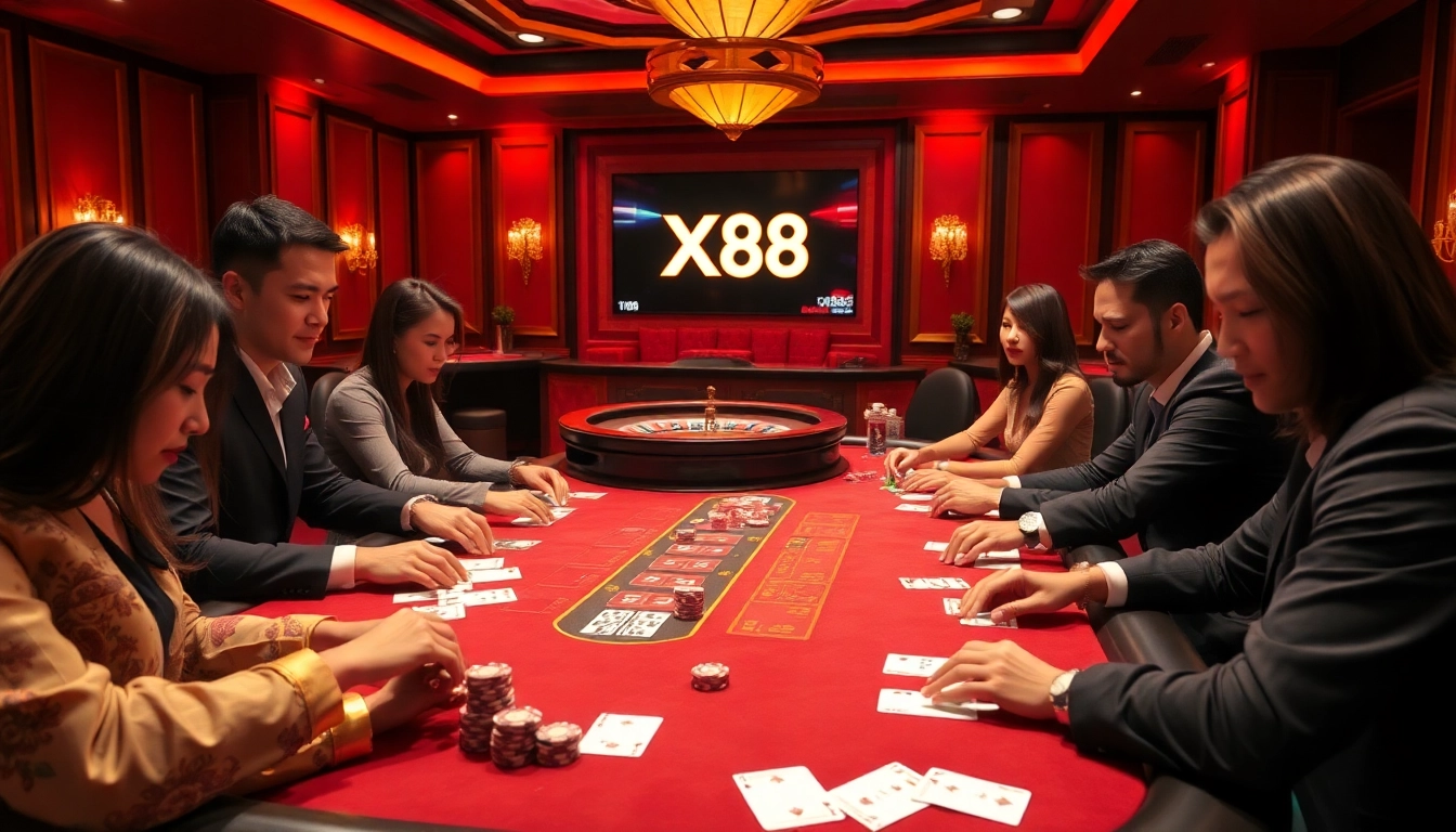 Players strategically engaged in a thrilling poker game at XX88 Casino, showcasing excitement and luxury.