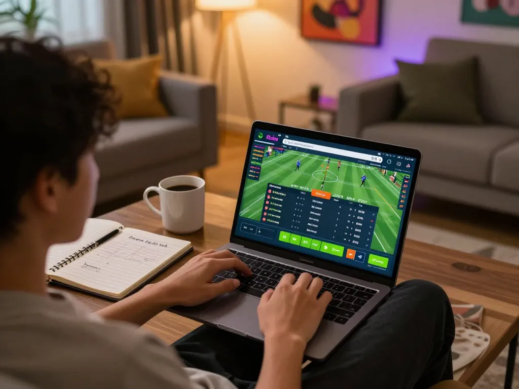 Engaging in kèo nhà cái sports betting from the comfort of home with strategy notes visible.