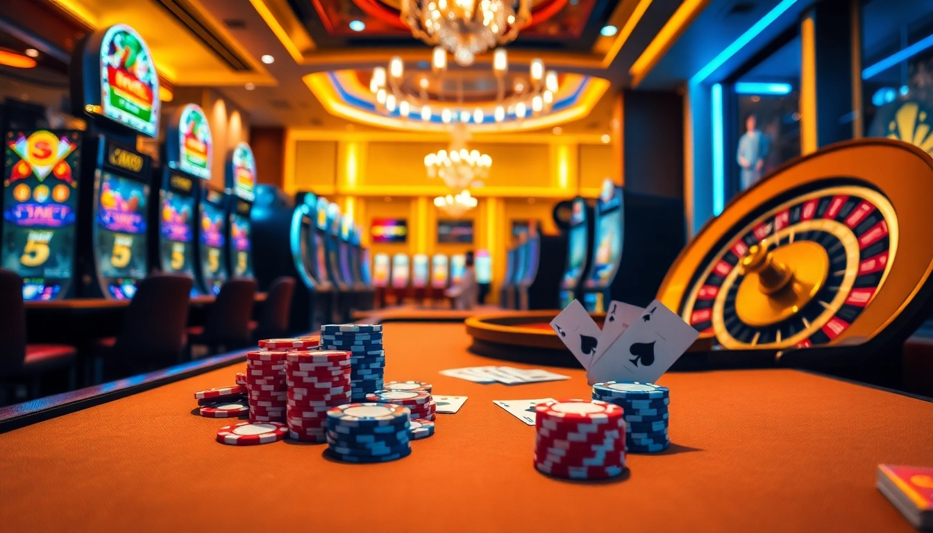 Experience thrilling gameplay at nk88 with vibrant casino tables filled with poker chips and roulette.