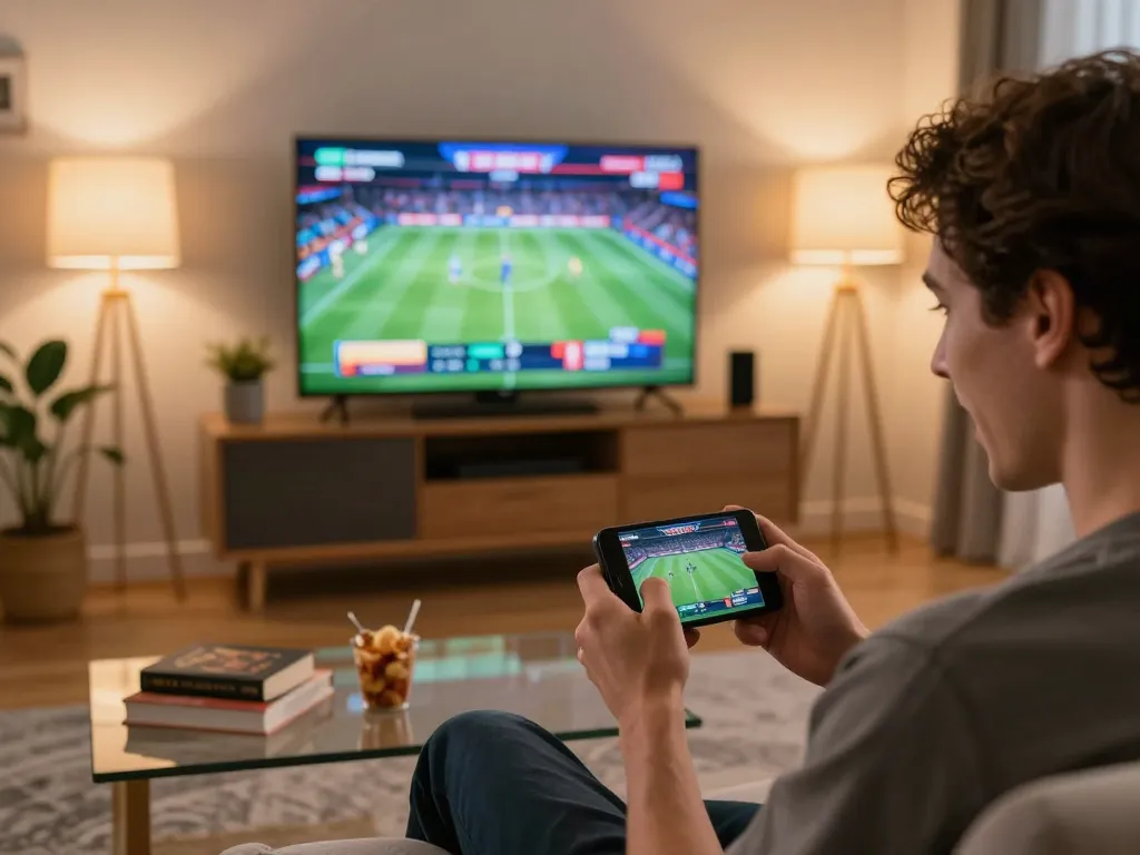 O8 user placing sports bets from their smartphone in a cozy home environment