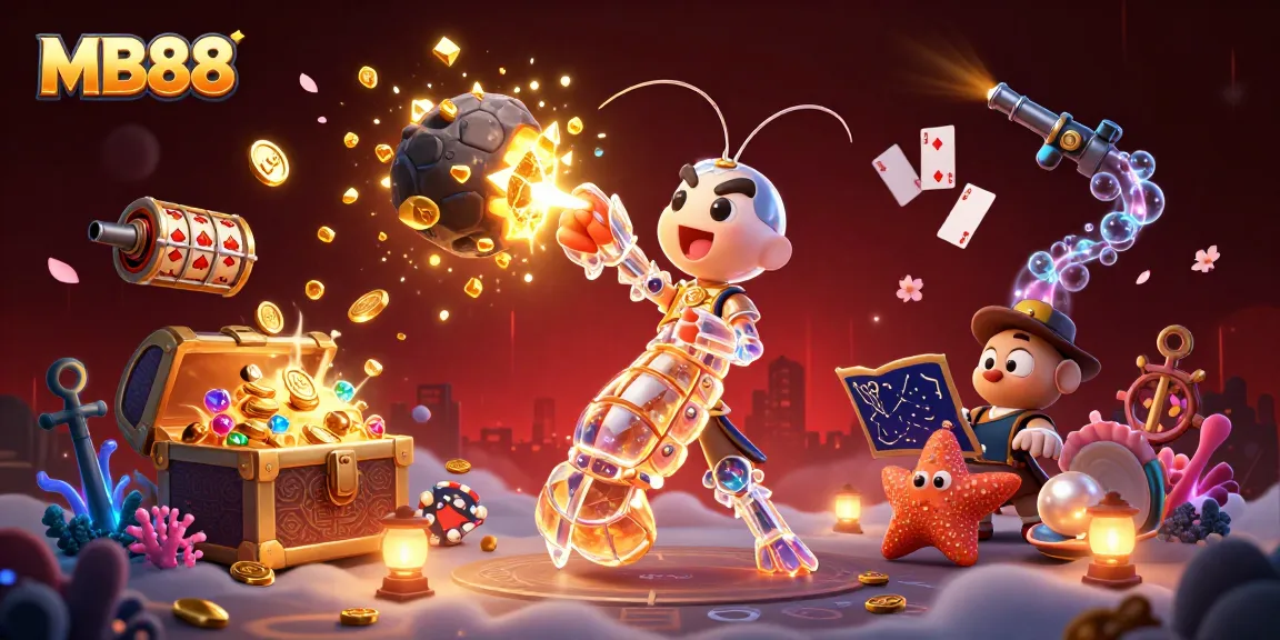 Experience thrilling wins at MB88 with a galactic mantis shrimp leading a treasure-filled adventure in a vibrant casino environment.