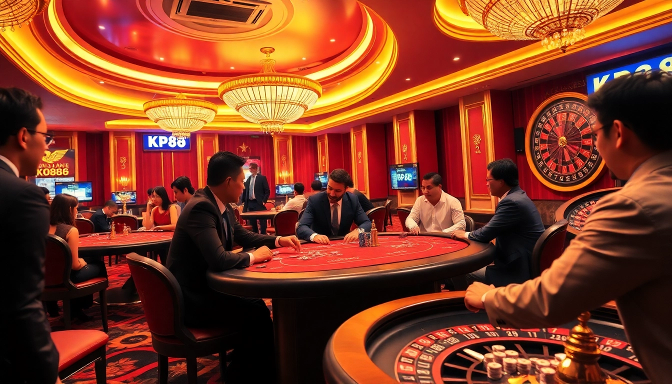 KP88 players strategizing their bets at a luxurious casino table with dice and roulette wheels.
