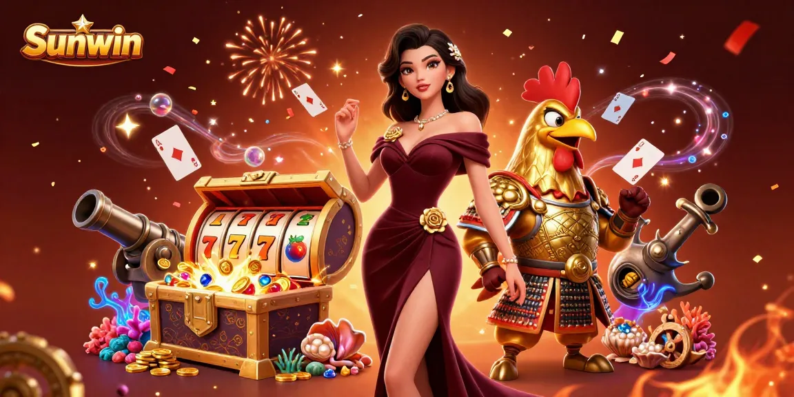 Sunwin captures thrilling casino excitement with vibrant illustration of slots and jackpot.