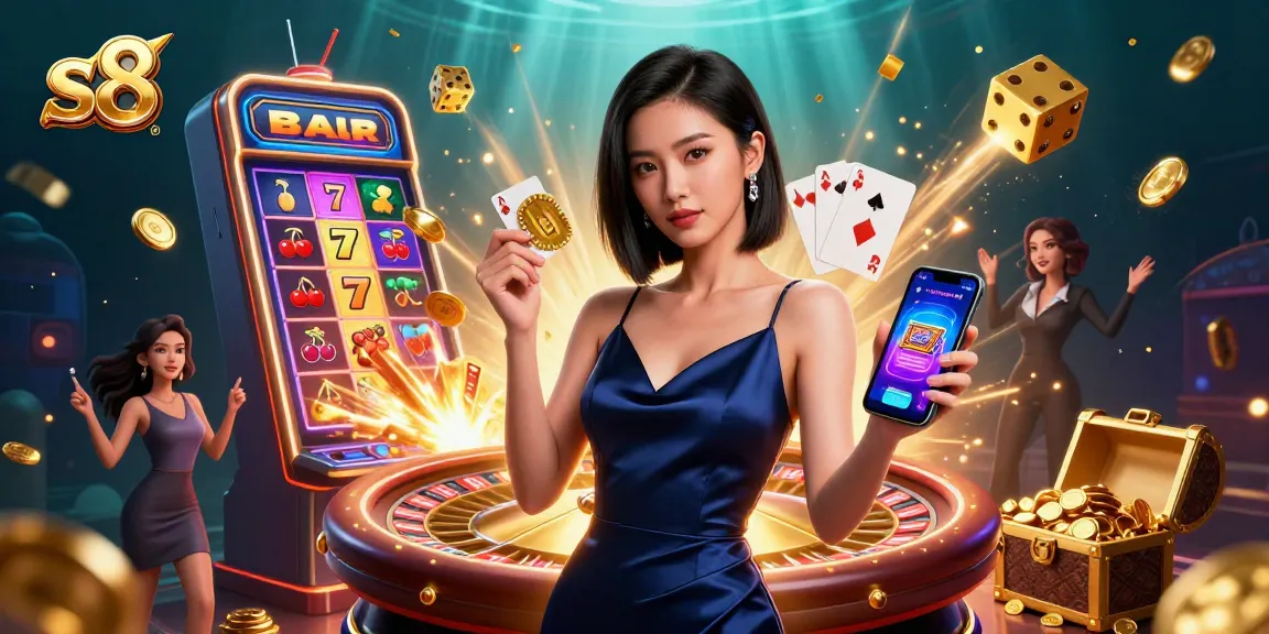 Experience S8 gaming excitement with a stunning Asian woman winning big at the casino.