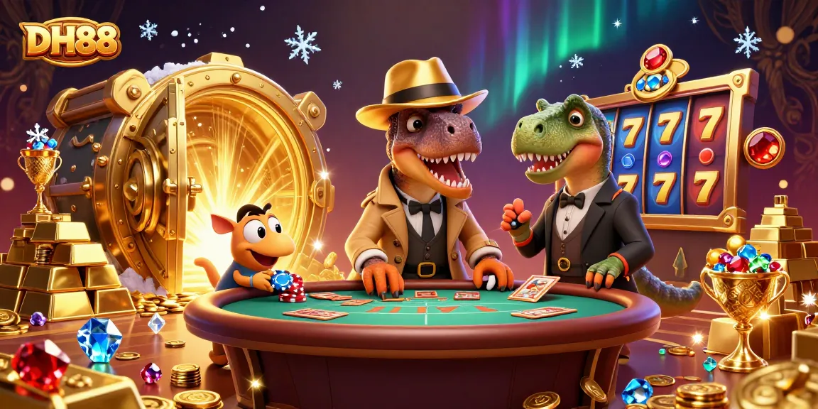 Experience thrilling gameplay at DH88 with a velociraptor and friends at a lively blackjack table.