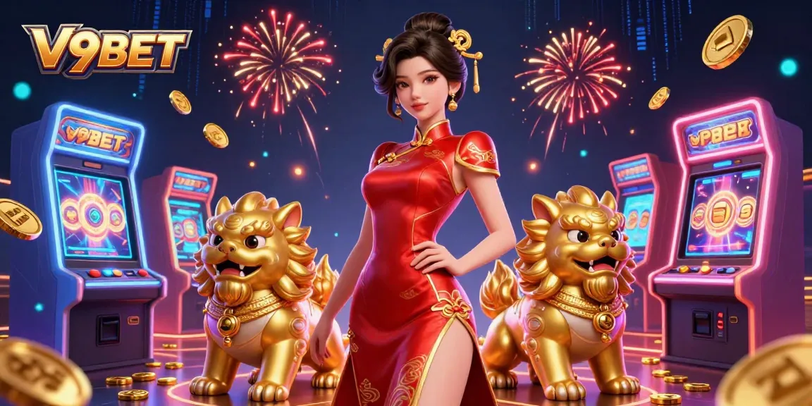 Play exciting games at V9BET with a glamorous Asian woman in a cheongsam amidst casino elements.