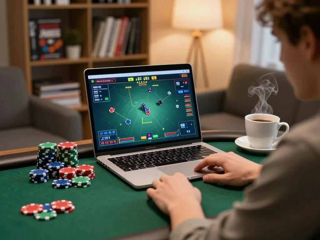 Engaged player using tablet for SC88 online poker strategies, colorful chips and notes visible.