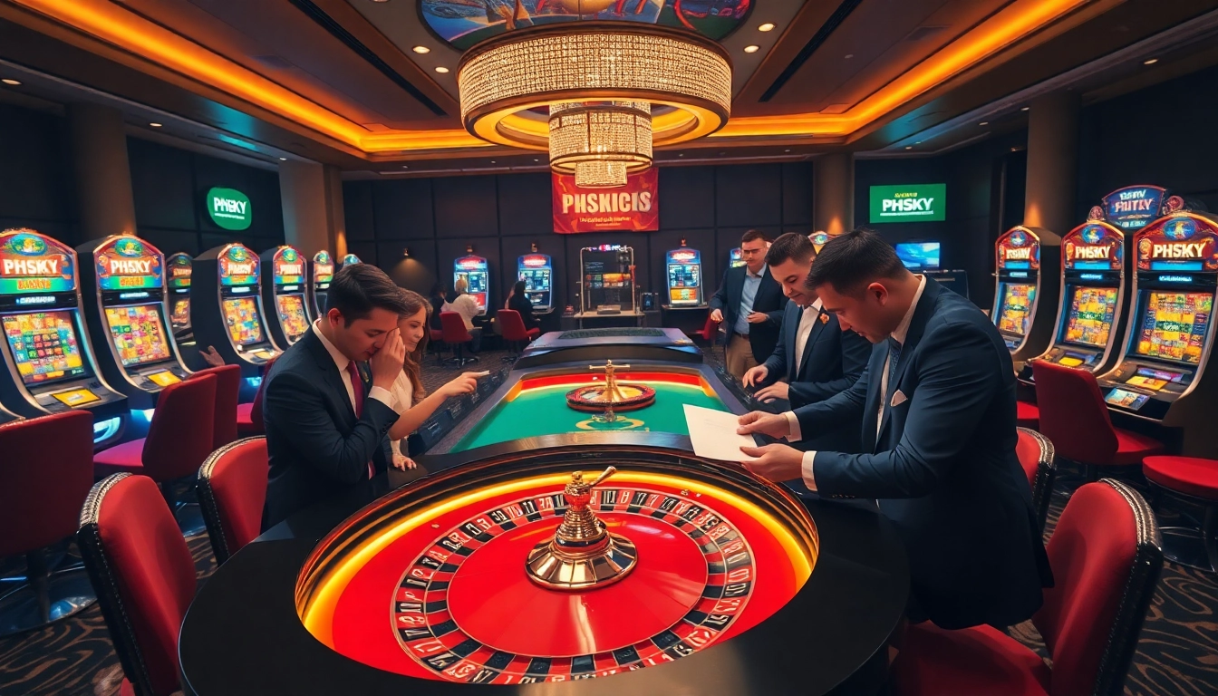 PHSKY players engaging at a luxurious roulette table surrounded by vibrant slot machines.