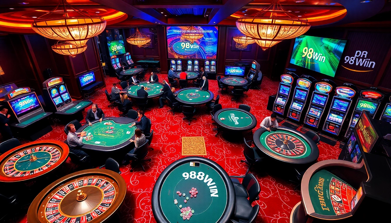 Experience the excitement of 98Win casino with players enjoying poker games and spinning roulette wheels.