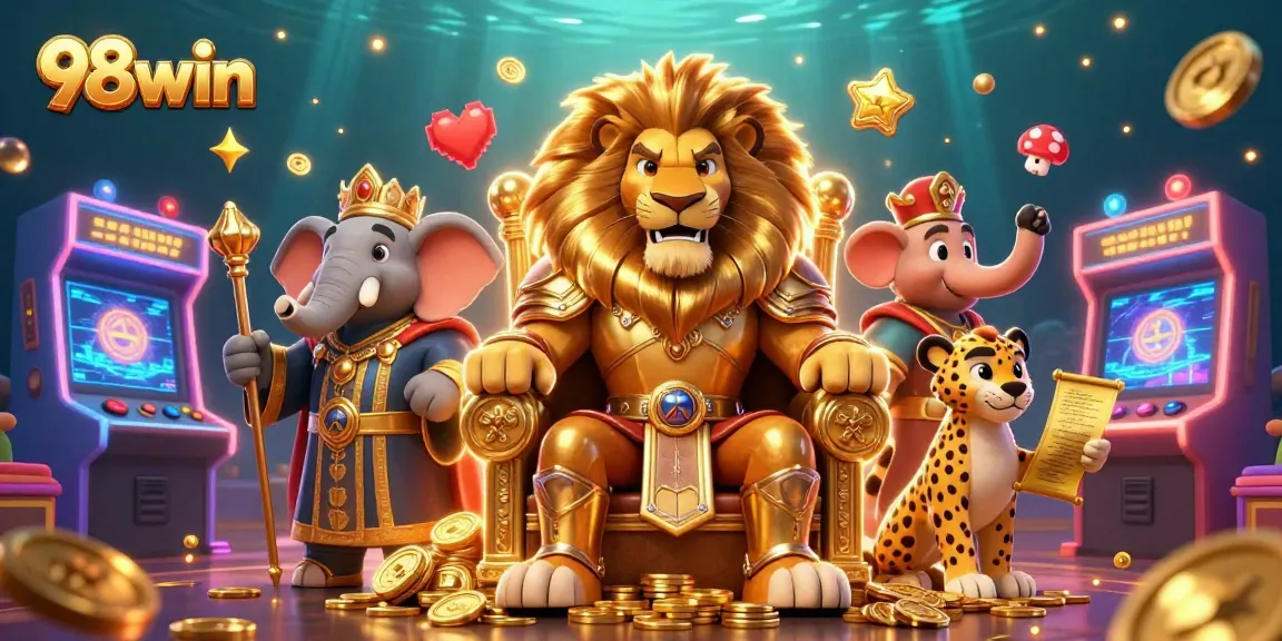 Win big with 98win's colorful gaming adventure featuring a majestic lion and vibrant arcade elements.