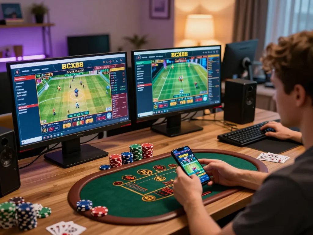 Engaging scene of a user actively betting with BCX88 on multiple devices, showcasing the exciting world of online gambling.