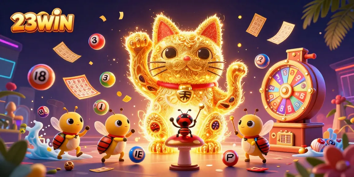Experience the excitement of 23WIN with a vibrant scene of a lucky cat surrounded by casino symbols and dynamic elements.