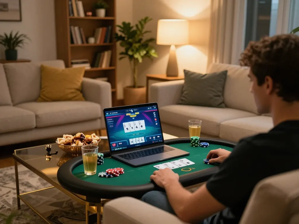 WW88 poker gameplay in a cozy home setting with laptop and snacks