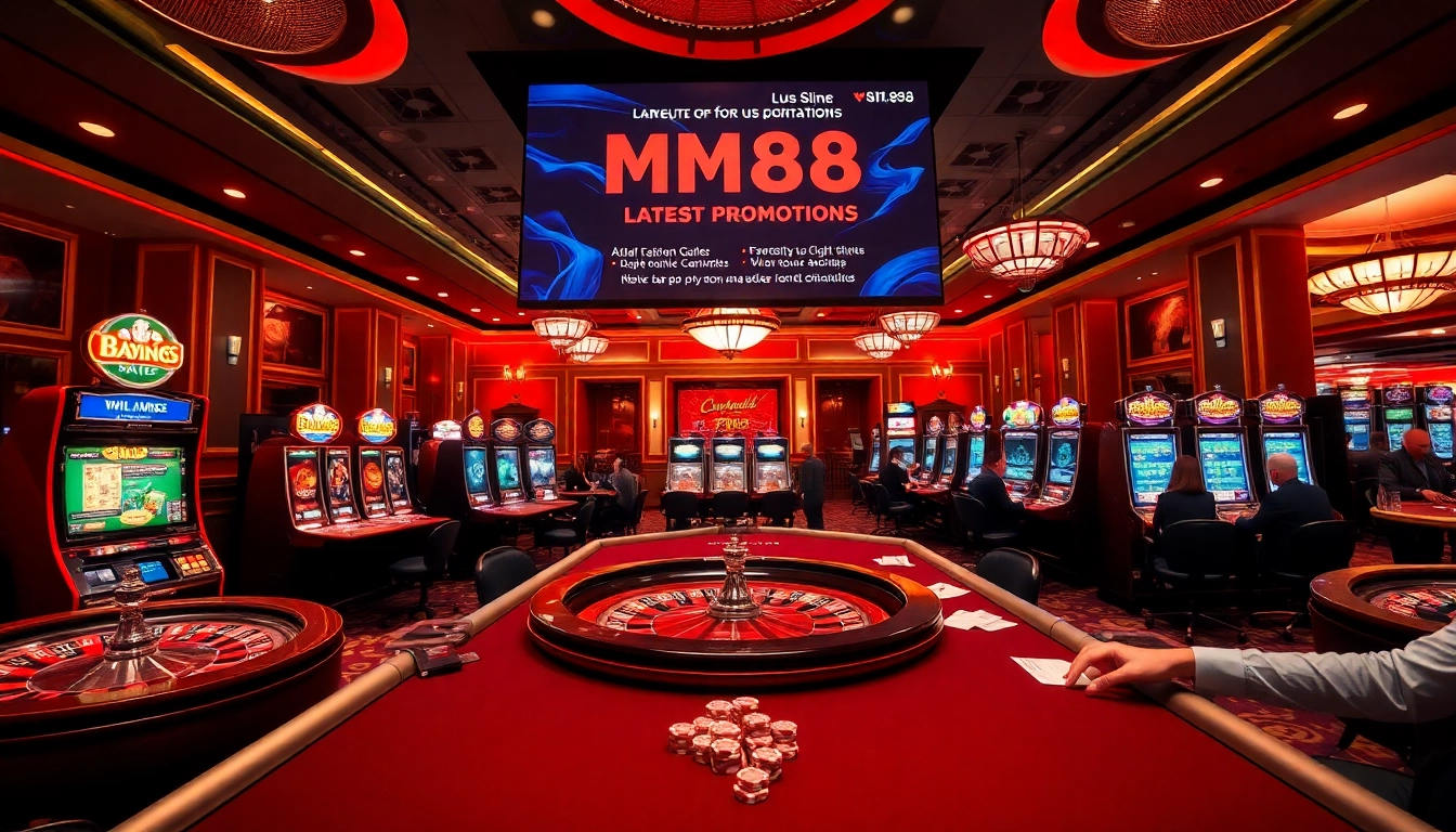 Players enjoying the excitement of MM88's luxurious casino games with vibrant tables and slot machines.