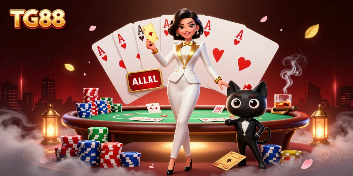 Join the excitement at TG88 as the dealer shuffles cards and stacks poker chips in a lively casino scene.