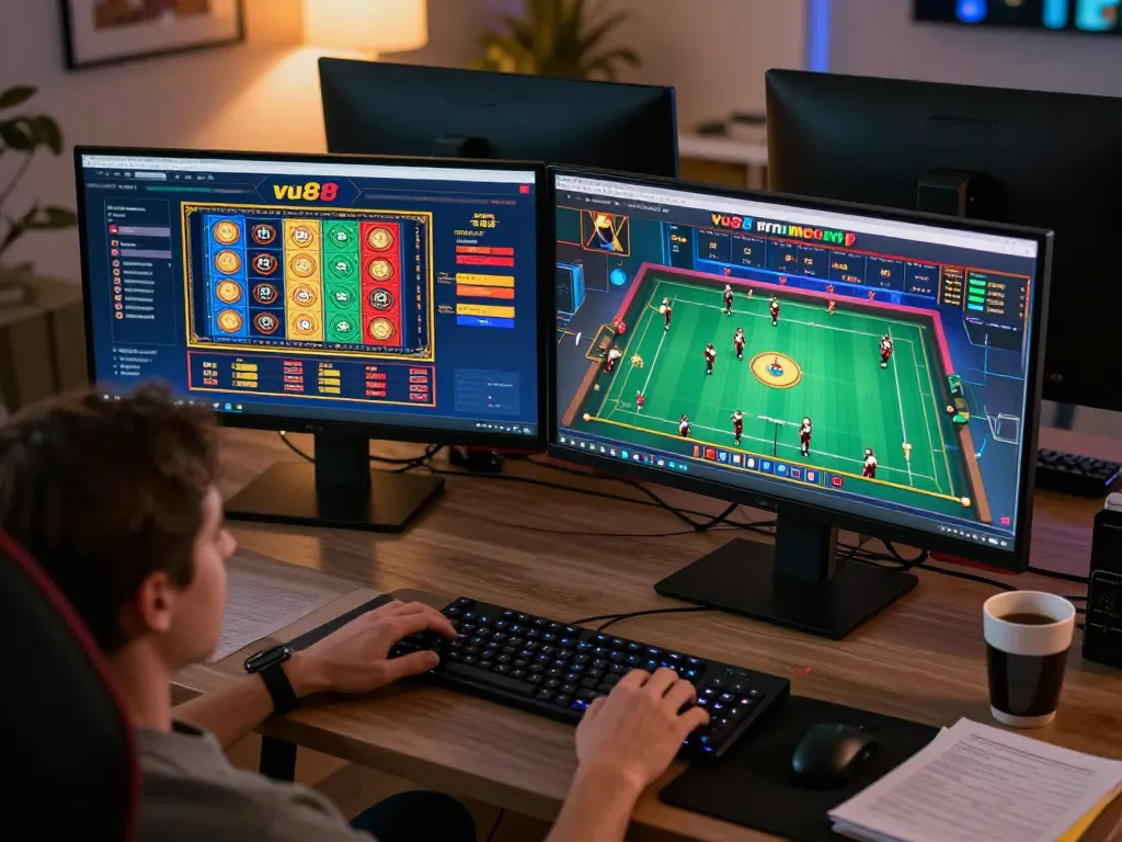 Engaging with vu88 online casino on dual monitors, featuring vibrant slots and live dealer games