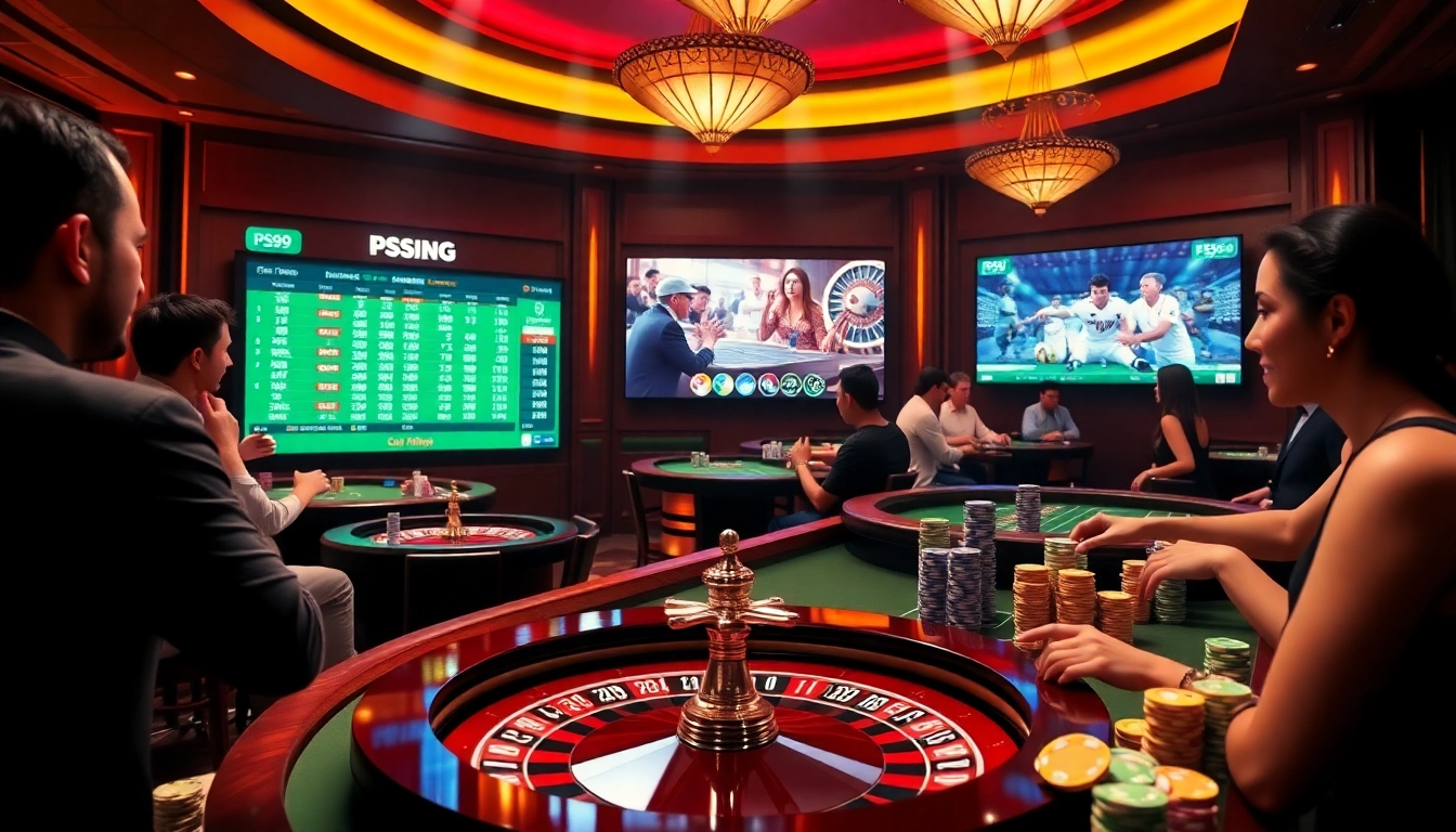 Excited players enjoying various games at PS99 online casino with luxurious ambiance.