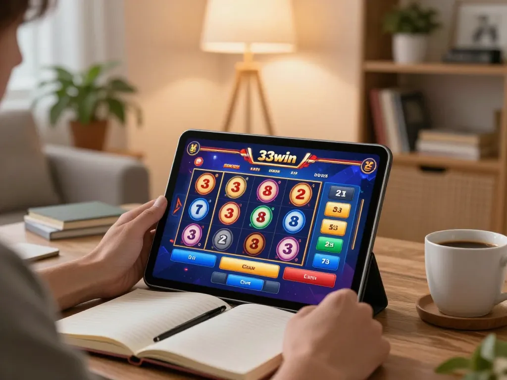 Player engaging with 33win slots on a tablet in a cozy home environment, showcasing responsible gaming