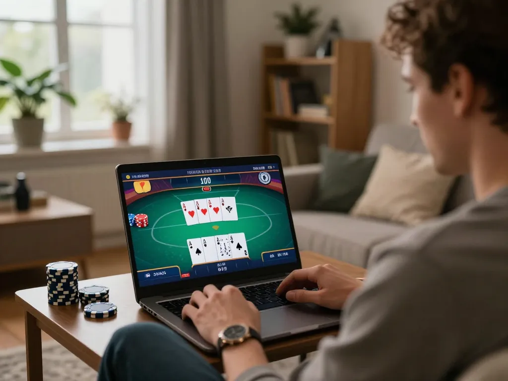 Pemain menikmati permainan poker vt789 online yang menarik di rumah, suasana nyaman dengan laptop yang menampilkan gameplay