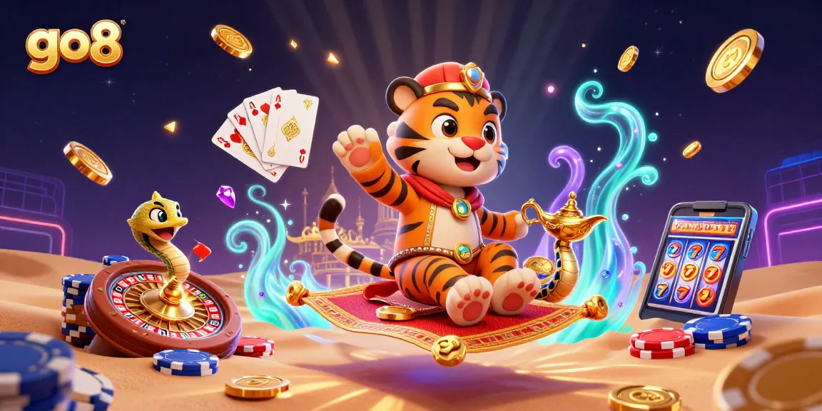 Win big with go8 at this vibrant casino scene filled with 3D characters and dynamic gaming elements.