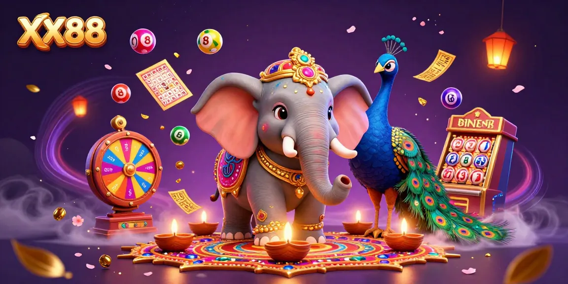 Engage in exciting gameplay at XX88 with a vibrant scene of a Diwali-themed elephant and lottery elements.