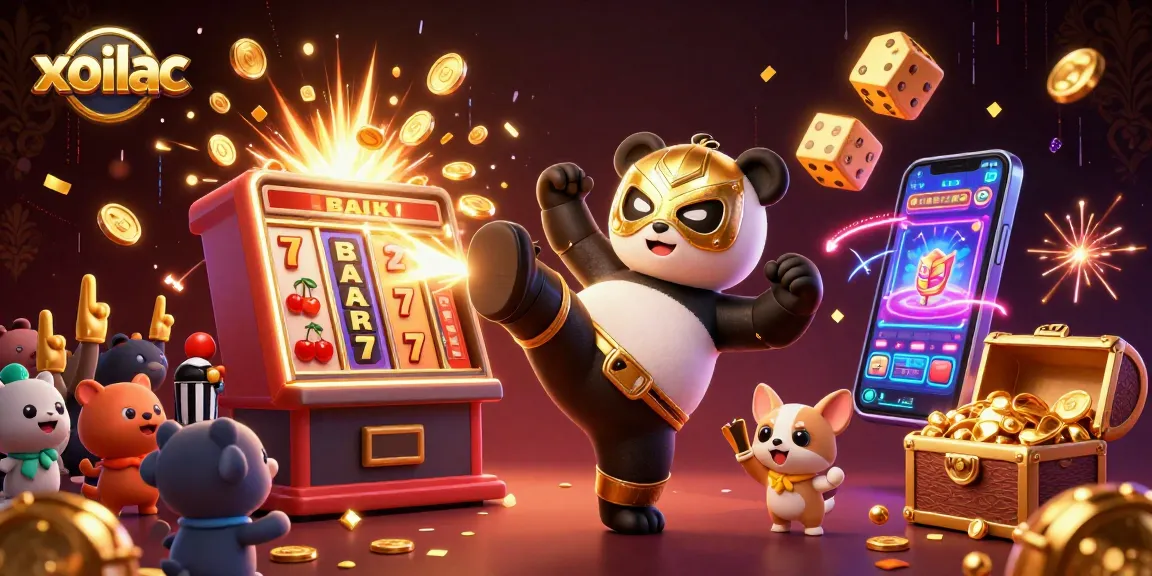 Xoilac features thrilling sports action with a golden mask wrestler panda and energetic animal fans amidst jackpot excitement.