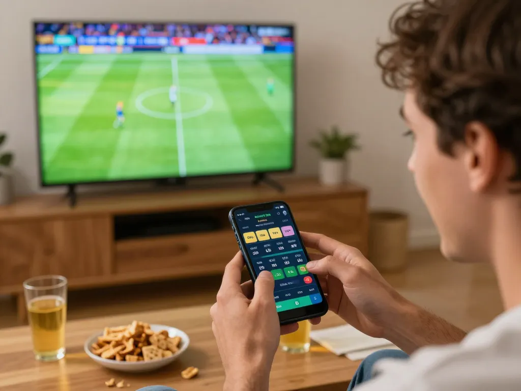 Socolive user placing live soccer bets on smartphone while enjoying a match at home