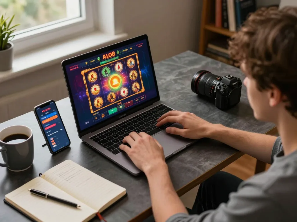 Player enjoying ALO8 online slots with betting strategies highlighted in a cozy home setup.