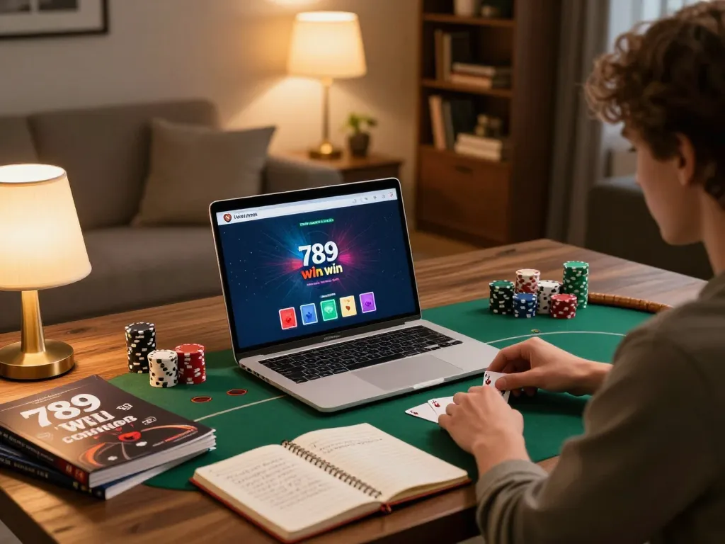 Engaging in online poker with the 789 win app on a laptop while studying strategies.