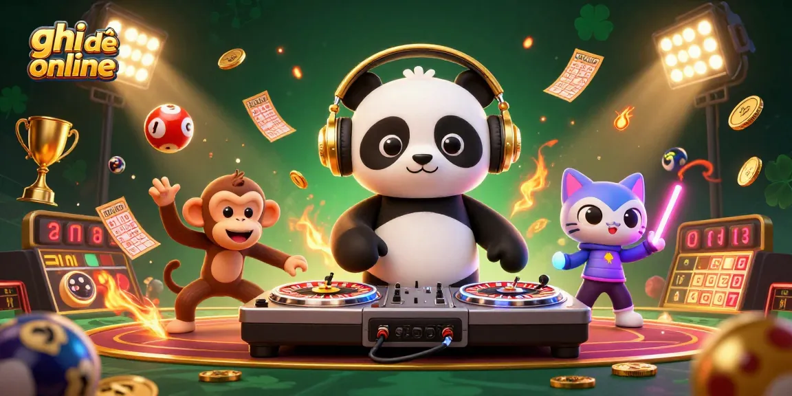 Play ghi đề online with excitement as a DJ panda spins while a monkey breaks dances amidst glowing lottery elements.