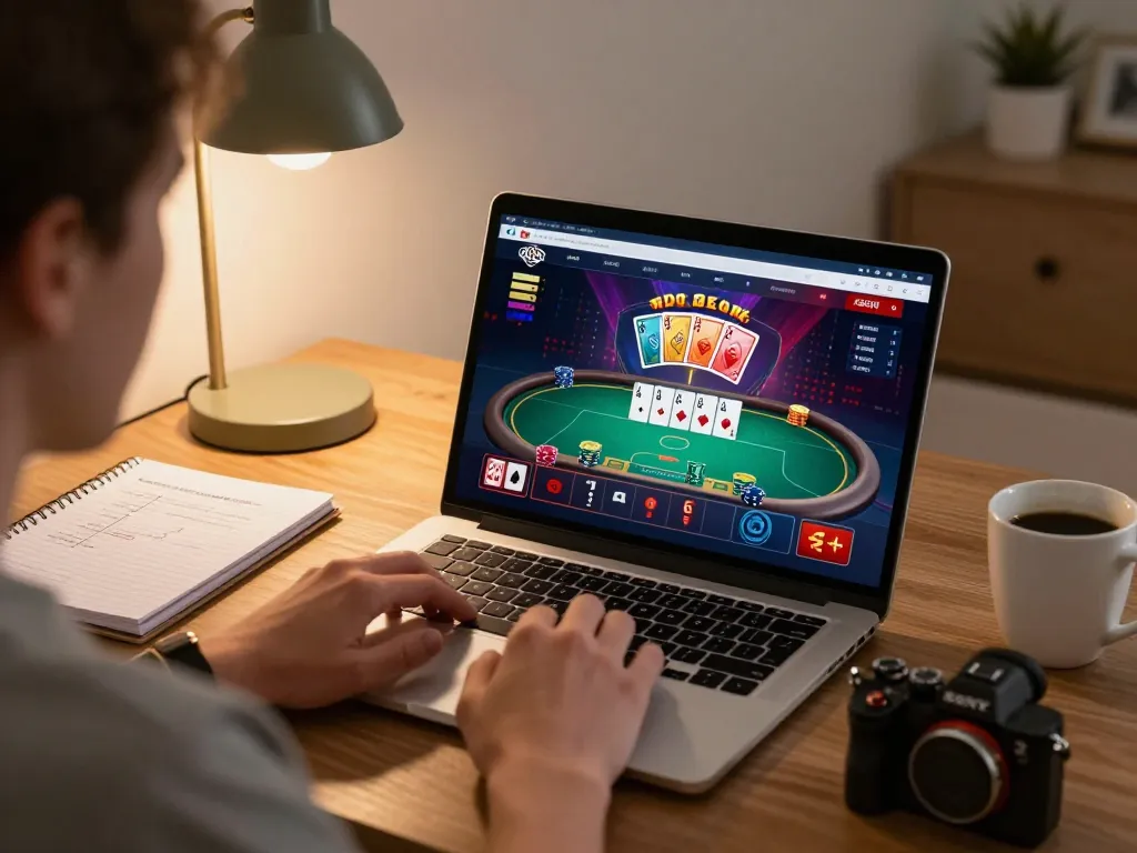 Engaged player enjoys a thrilling online poker game at BL555 with vibrant graphics and cozy home ambiance.