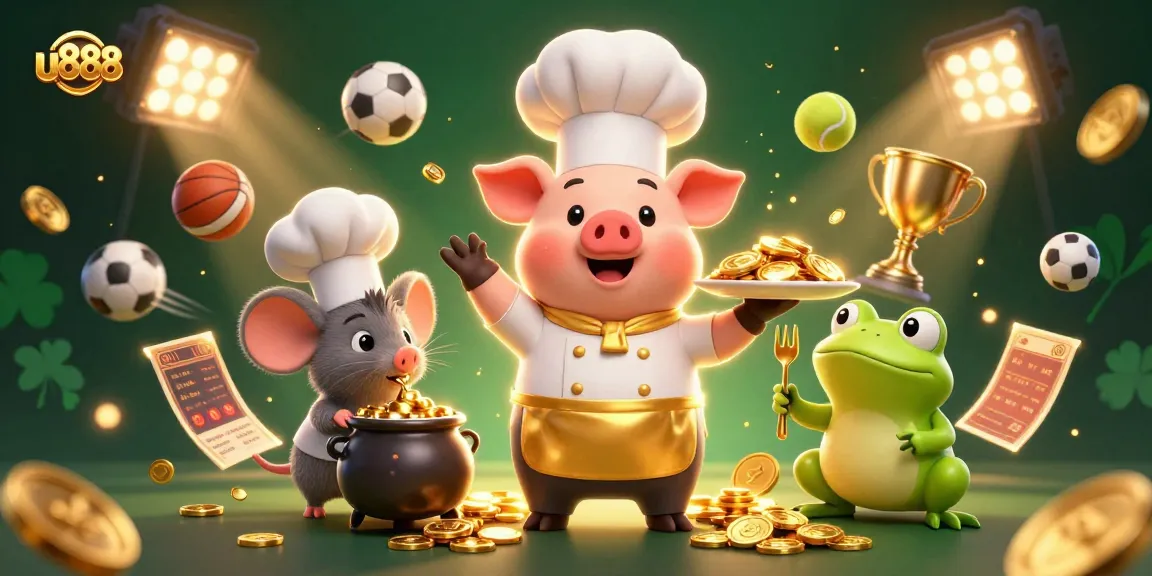 Engage in thrilling gameplay at u888 with gold coins, sports betting elements, and vibrant characters.