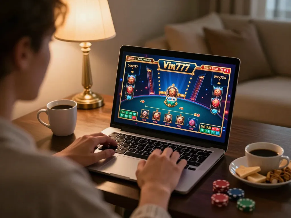 Engaging home online gaming scene with Vin777 displayed on a laptop, highlighting strategic play.