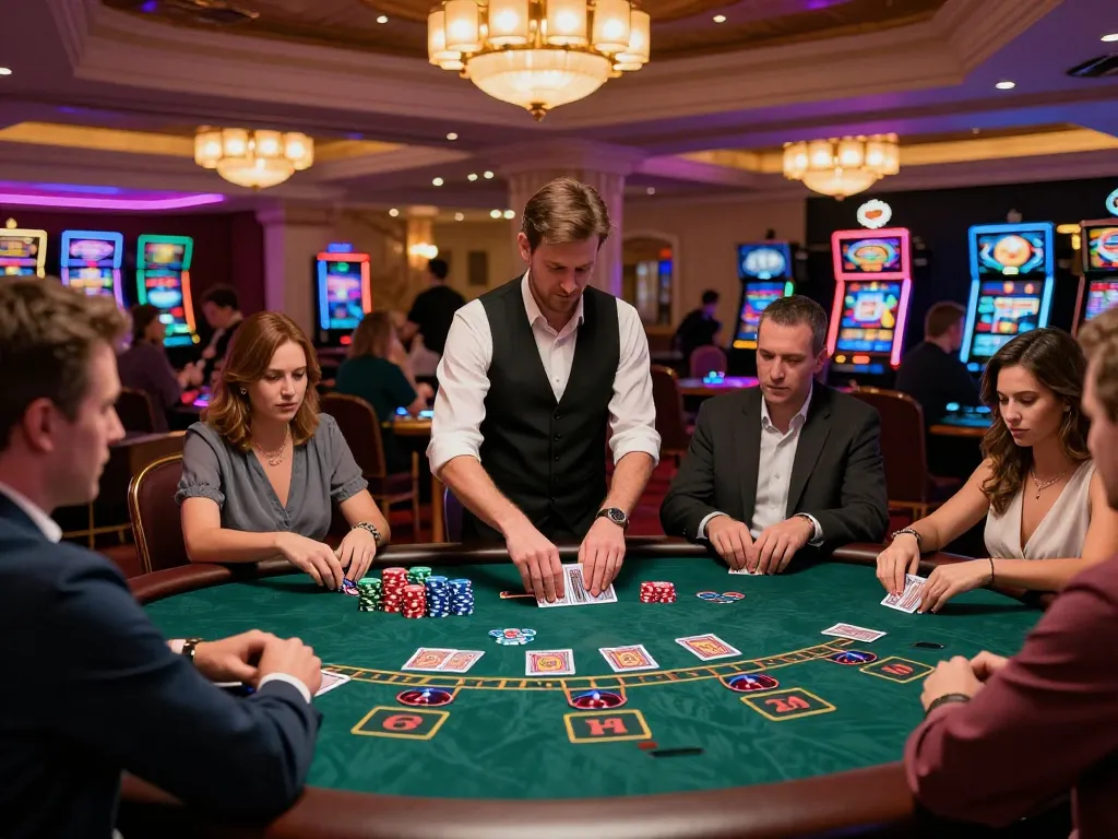 Engaged players at a blackjack table at https://cak-t.com/, vibrant casino atmosphere showcasing high-stakes gameplay.