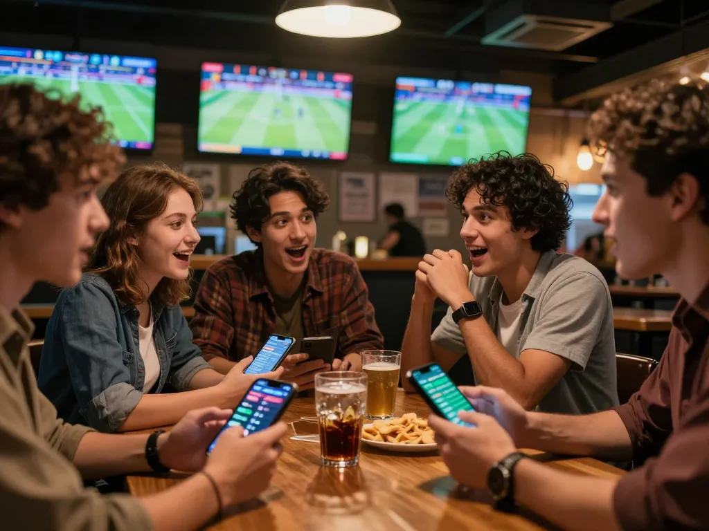Capturing the excitement of nhandinhkeonhacai sports betting with friends analyzing match predictions at a lively sports bar.