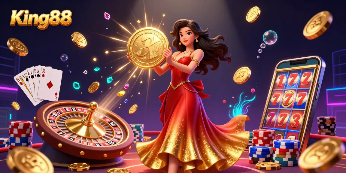 Experience winning moments at King88 with stunning casino visuals of vibrant golden coins and jackpots.
