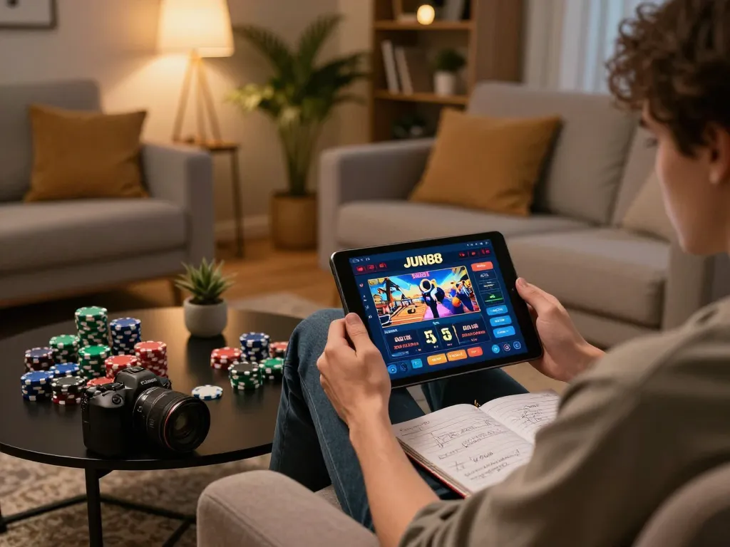 Player engaging with JUN88 app on tablet while tracking gaming strategies at home