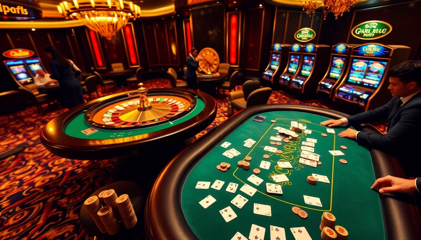 Sumclub casino gameplay featuring colorful poker tables surrounded by engaged players in a luxurious setting.