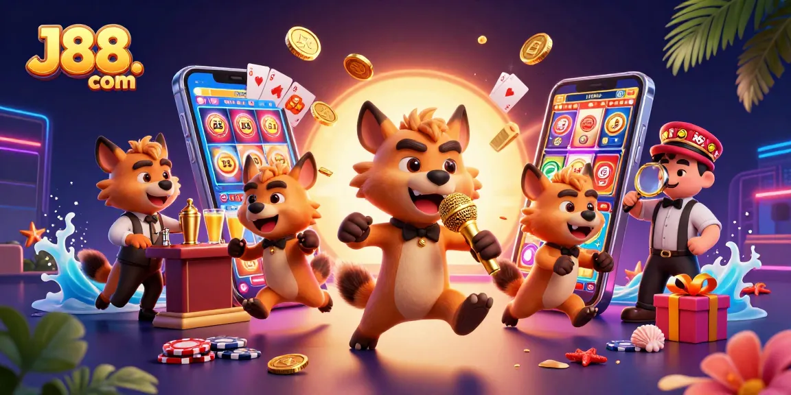 Engage in thrilling games at J88. com with fun characters in a vibrant casino setting.