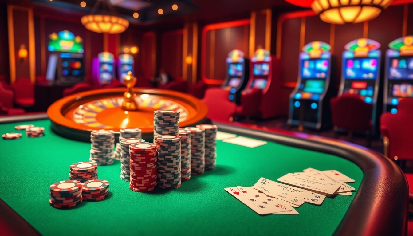 Experience the thrill of gambling at https://we88top.io/ with an elegant casino backdrop featuring poker tables and roulette wheels.