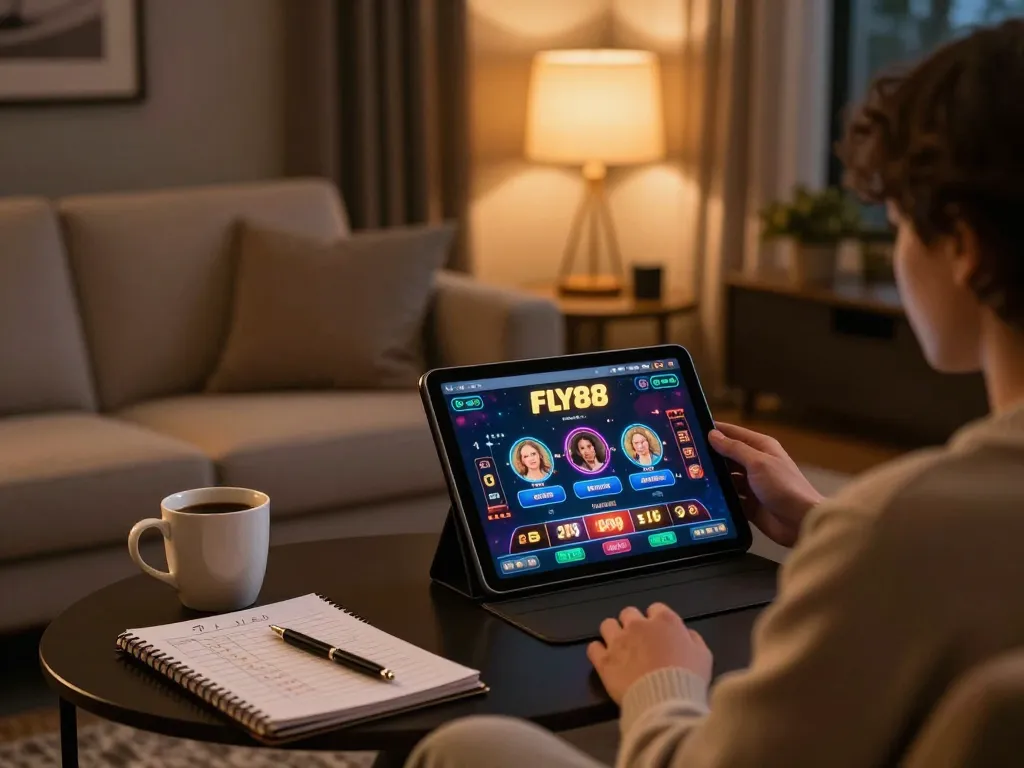 Engaging in online gaming at home with FLY88 app on tablet.